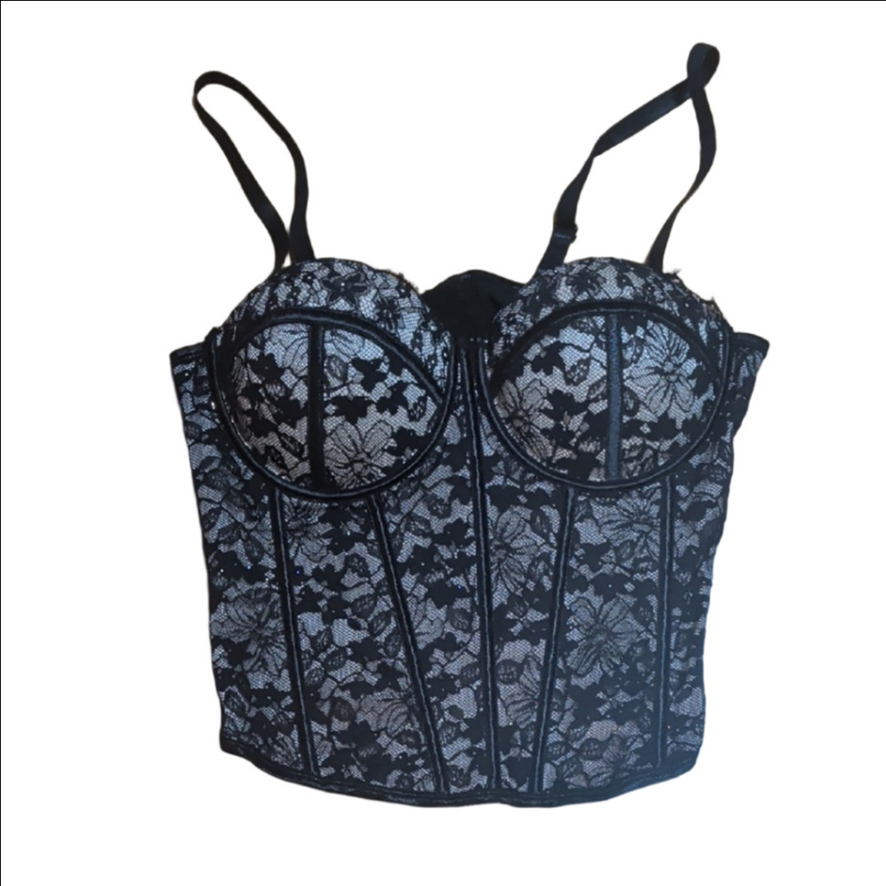 Black Floral Lace Corset Bustier Top Size L Padded Boning